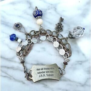LOTR Not All Who Wander Are Lost Tolkien Quote Brass Charm Bracelet Fantasy Vtg